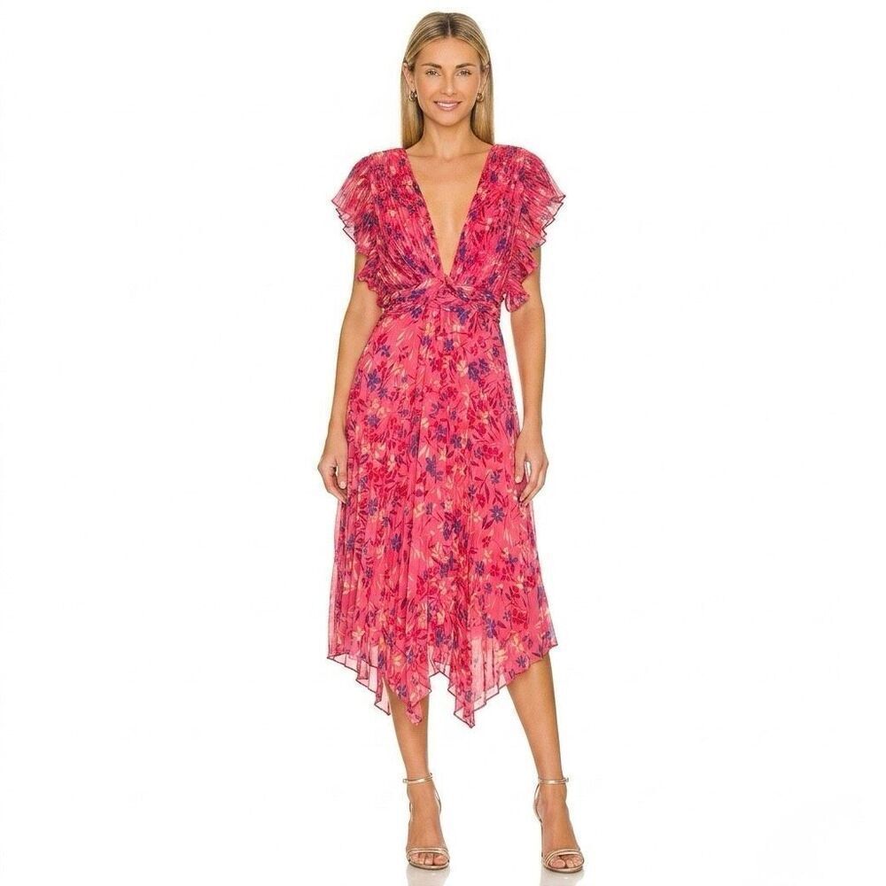 La Maison Talulah Daze Midi Dress Pink Floral Pleated Plunge Flutter Medium